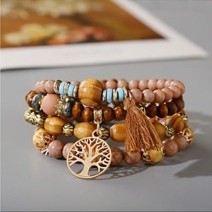 4-Piece Bohemian Tree of Life Charm Beaded Bracelet Set Handmade Wood Beads